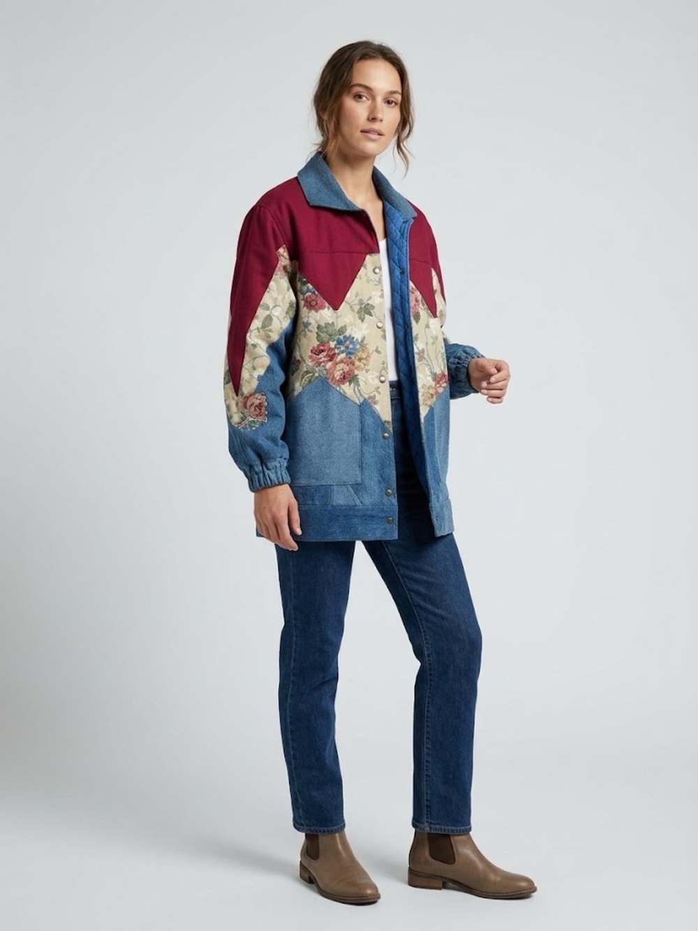 VTG Reworked Denim Floral Tapestry Western Shirt Jacket | Oversized Coat
